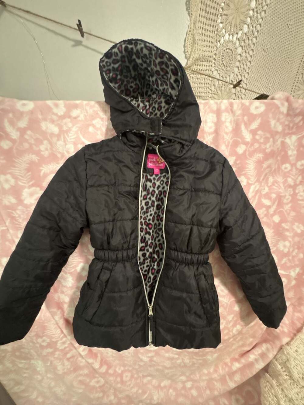Pink Platinum Girls Black Quilted Puffer Jacket with Leopard Print Lining
